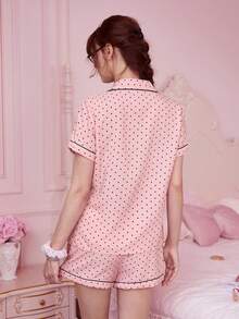 Bonmuse 2件組女款迷你圓點印花短袖鈕扣上衣與蝴蝶結短褲睡衣套裝，適合夏季居家休閒穿著，夏季兩件套 - 粉色 - 查看 2