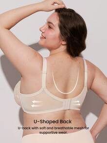 LUVLETTE Plus Woman Lingerie Full Coverage Pushup & Breathable Underwire Sexy Unlined Embroidered Lace Gold Beige Mesh & Lace Bra Minimizer Bra - Apricot - View 2