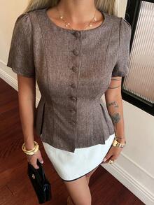 DAZY 女士圆领短袖修身外套 - 咖啡棕 - 查看 3