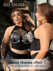 Seduluxe Plus Size Black Lace Underwire Halter Tie-Up Cinched Waist Enhancing Bra - Black - View 7