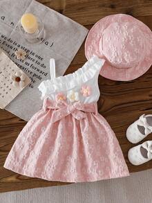 SHEIN Baby GirlElegant Houndstooth Ribbed Fabric Spaghetti Strap Ruffle Trim Dress With Hat, Cute For Spring/Summer - Pink - View 3