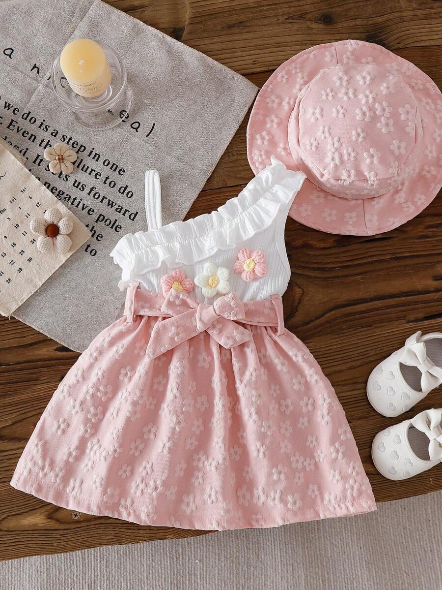 SHEIN Đầm hai dây xếp ly họa tiết kẻ caro răng cưa thanh lịch cho bé gái, chất liệu vải gân, kèm mũ, dễ thương cho mùa xuân/hè. - Hồng - Xem 1