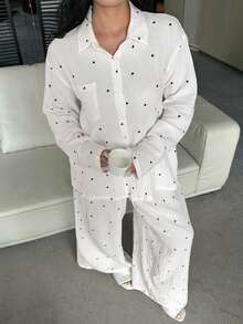 Dazy Plus Heart Print Loose Long Sleeve Top And Long Pants Pajama Set, Plus Size Women Spring/Autumn Sleepwear - White - View 2