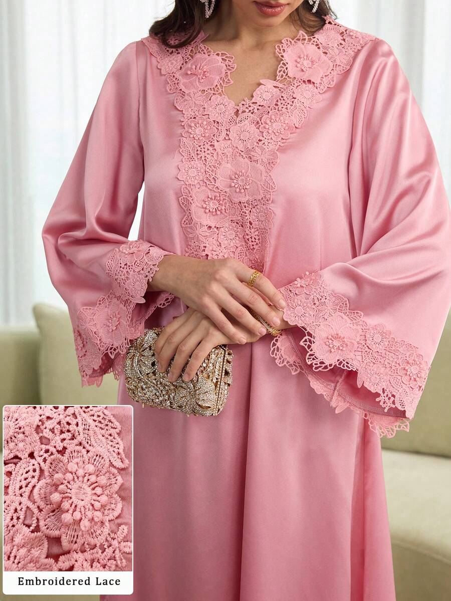 Al Najma Vestido holgado de línea A con cuello en V rosa, con bordado floral de encaje pesado para mujer