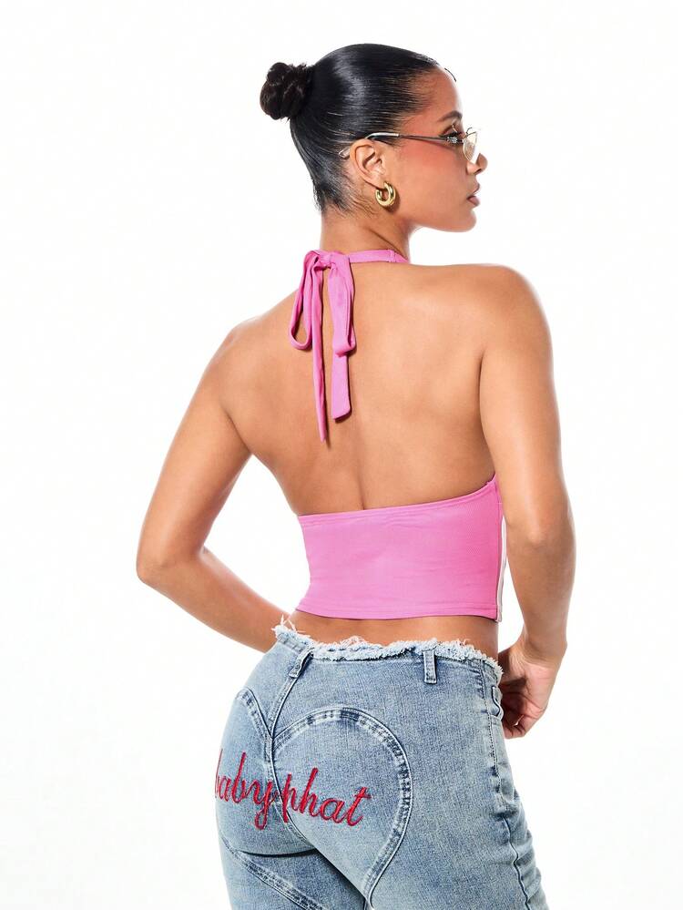 BABYPHAT Women's Halter Neck Tie Detail V-Neck Crop Top Sleeveless Jersey Summer Tank Casual Pink Fitted