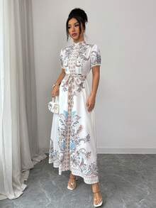 Selianne Vestido de mujer estilo palacio, vestido largo con estampado y cintura anudada con mangas francesas abullonadas, vestido elegante para mujer - Blanco - Ver 6