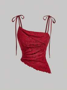 SHEIN MOD 2件装女士纯色提花不对称吊带背心 - 紅白色 - 查看 6