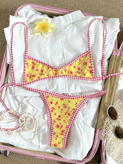 Swim Mod Women's Summer Beach Floral Print Halter Tie Sexy Bikini Swimwear Set