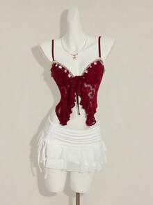 SHEIN ICON Camiseta de tirantes con abertura en el bajo, de tela jacquard con textura - Burdeos - Ver 3