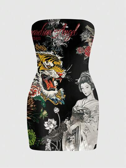 ROMWE Avant Calligraphy Geisha New Chinese Style Hot Girl Dark Gothic Street Vintage Spicy Girl Tube Top Mini Dress For Women