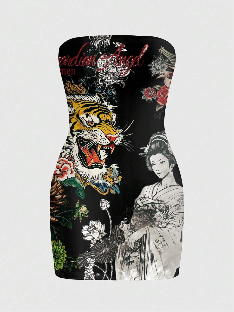 ROMWE Avant Áo ống ngắn kiểu Geisha thư pháp, phong cách Trung Hoa mới, cô gái nóng bỏng, gothic tối màu, vintage, gợi cảm dành cho nữ. - màu đen - Xem 1