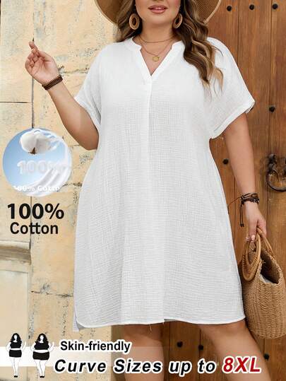 SHEIN CURVE+ Curve Size US22Music Festival, Seaside Vacation, Bohemia Women's Casual Vacation Elegant V-Neck Batwing Sleeve Dress, Comfortable Cotton