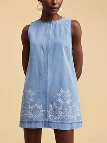 Travachic Women's Round Neck Geometric Pattern Casual Vacation Everyday Denim Dress - Light Wash - View 6