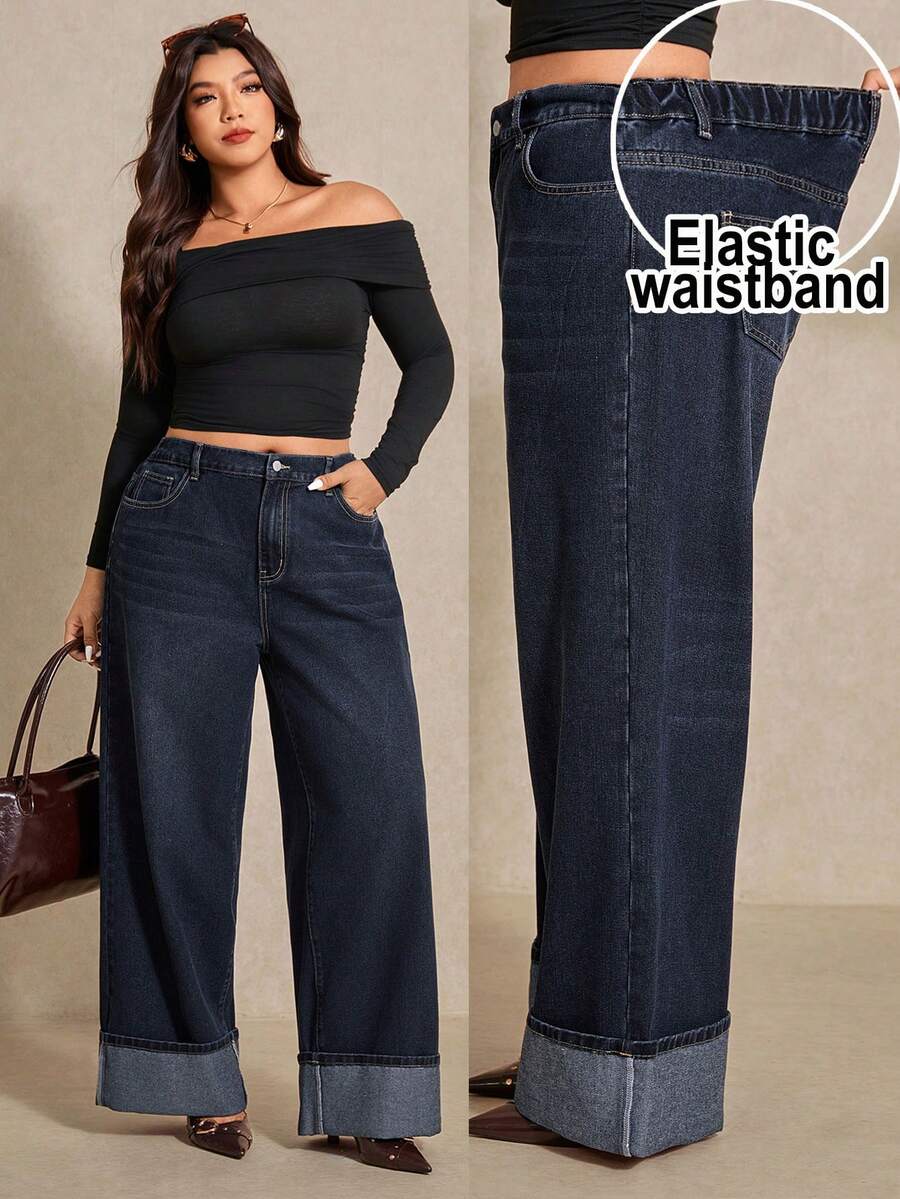 Elaquor 大码休闲水洗弹力腰直筒牛仔裤 - 深色水洗藍 - 查看 1