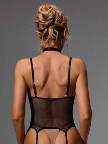 SpicyHot Bộ đồ lót 4 món gợi cảm dành cho nữ, mang phong cách cổ điển, bí ẩn, thời thượng, cá tính, trưởng thành, cực kỳ quyến rũ: áo liền thân lưới cỡ lớn không đáy + vòng cổ + 2 dây đeo chân. - màu đen - Xem 8