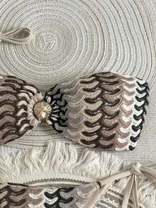 Swim Vcay 女士春夏两件套沙滩装，针织彩色镂空面料，金色海星装饰，抹胸上衣配有可调节肩带和后系带，串珠抽绳比基尼泳裤，泳装 - 彩色 - 查看 3