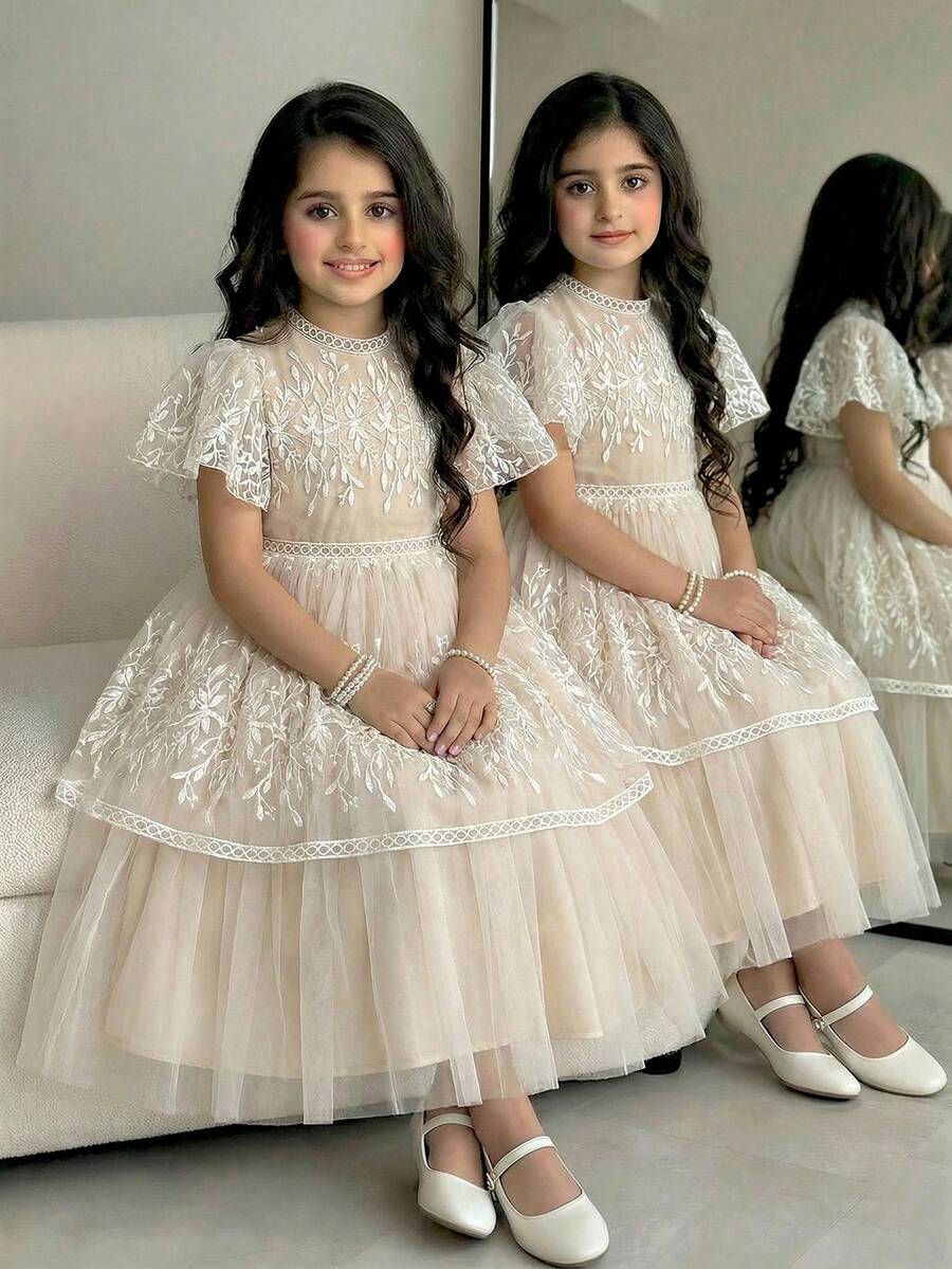 Vestido con mangas de volantes de malla bordada con flores para niña preadolescente - Albaricoque - Ver 1