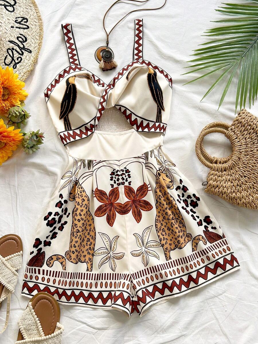 Soleia Bộ áo liền quần nữ họa tiết nhiệt đới khoét lỗ, trang phục thường ngày cho kỳ nghỉ. - Nhiều màu - Xem 1