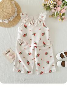 SHEIN LMoss Kids 女宝宝夏季度假可爱碎花荷叶边无袖上衣和松紧腰裤套装 - 卡其色 - 查看 4