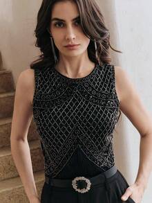 Anewsta Women's New Fashion Street Style Heavily Beaded Tassel Sleeveless Top, Suitable For Formal Occasions Beaded Top Beaded Tops Embellished Top Black Black Beaded Top Rhinestone Top Mesh Chooriyan - Black - View 5