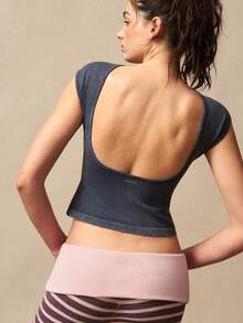 VARSIVA Women's Ribbed Knit Backless Fitted Cropped Sports T-Shirt - Black - View 2