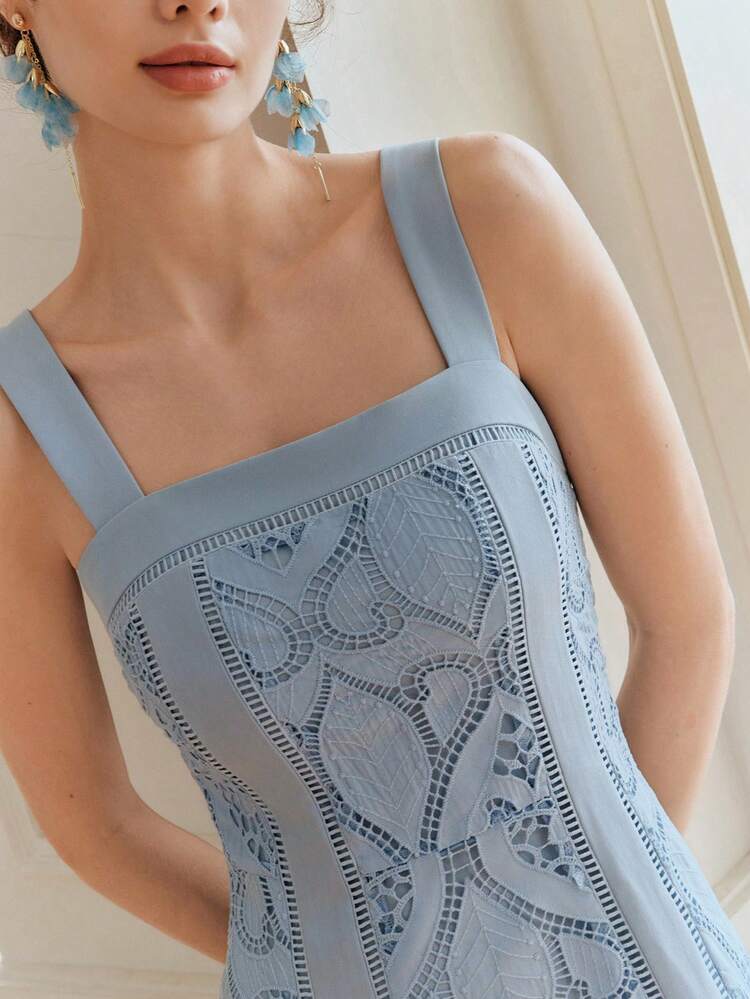Petite Women's Sleeveless Patchwork Embroidered Dress, Elegant Ladies Summer Dress, Blue Dress