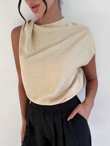 Firerie 女士优雅新款不对称领口亚麻褶皱春夏通勤/工作扭肩纯色露肩衬衫，适合春夏、教师节、户外活动、度假等场合，优雅百搭，适合通勤、约会、工作、假期等各种场合，时尚不对称亚麻混纺夏季上衣 - 杏色 - 查看 9