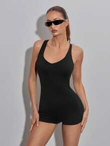 SHEIN ICON 女士纯色修身休闲连体衣 - 黑色 - 查看 4