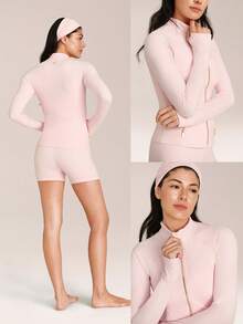 GLOWMODE FeatherFit™ Slim-It Streamline Performance Secure Pockets Zip Up Long Sleeve Jacket Low Impact Yoga Daily Fall - Baby Pink - View 6