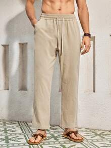 Mercer Haus Pantalones de lino livianos de unicolor para hombres, cómodos de usar, adecuados para la playa, vacaciones, deportes casuales, otoño, y apropiados para vacaciones de verano tropical en Hawái. - Caqui - Ver 4