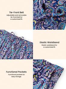 LUVLETTE 女士四季佩斯利花纹睡衣 - 宽松缎面和服套装，腰部系带，春夏秋冬皆宜 - 粉色 - 查看 4