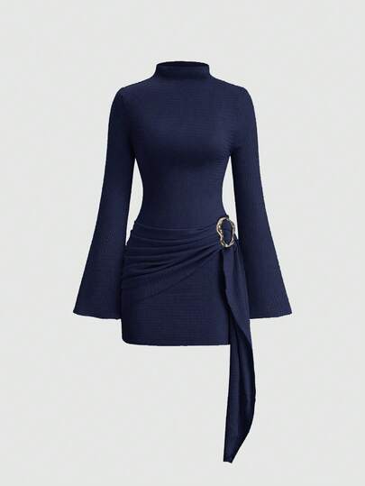 SHEIN Sweetro Waist-Cinching Minimalist Flare Sleeve Bodycon Cinched Waist Dress