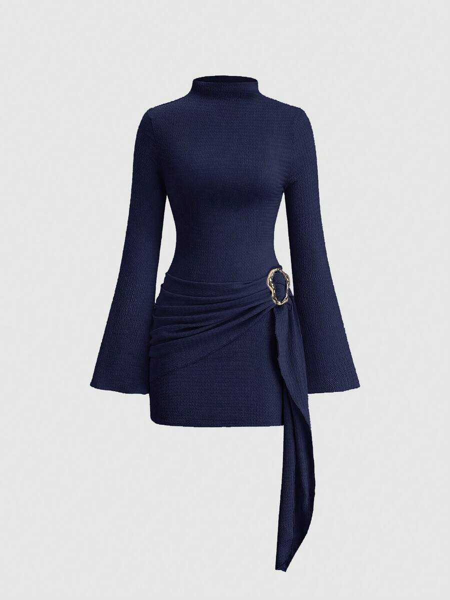 SHEIN Sweetro Vestido ceñido al Body con mangas acampanadas y cintura entallada de estilo minimalista - Azul Marino - Ver 1