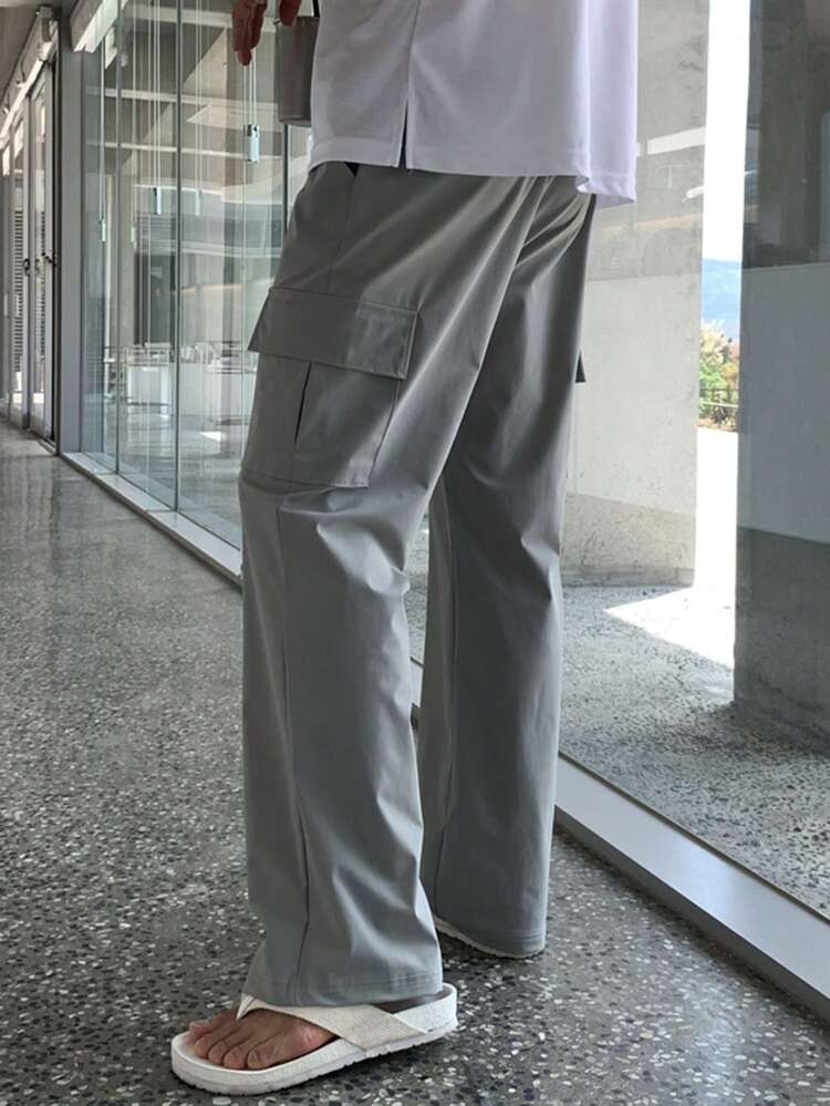 Men's Solid Gray Cargo Pants, Long Length, Suitable For Spring And Autumn
