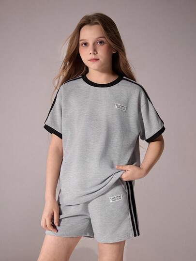 Girls Casual Gray Short Sleeve T-Shirt Set, Summer Tops, Fashion Design Versatile Outfit Suitable For Vacation, Travel, Campus, Daily Wear