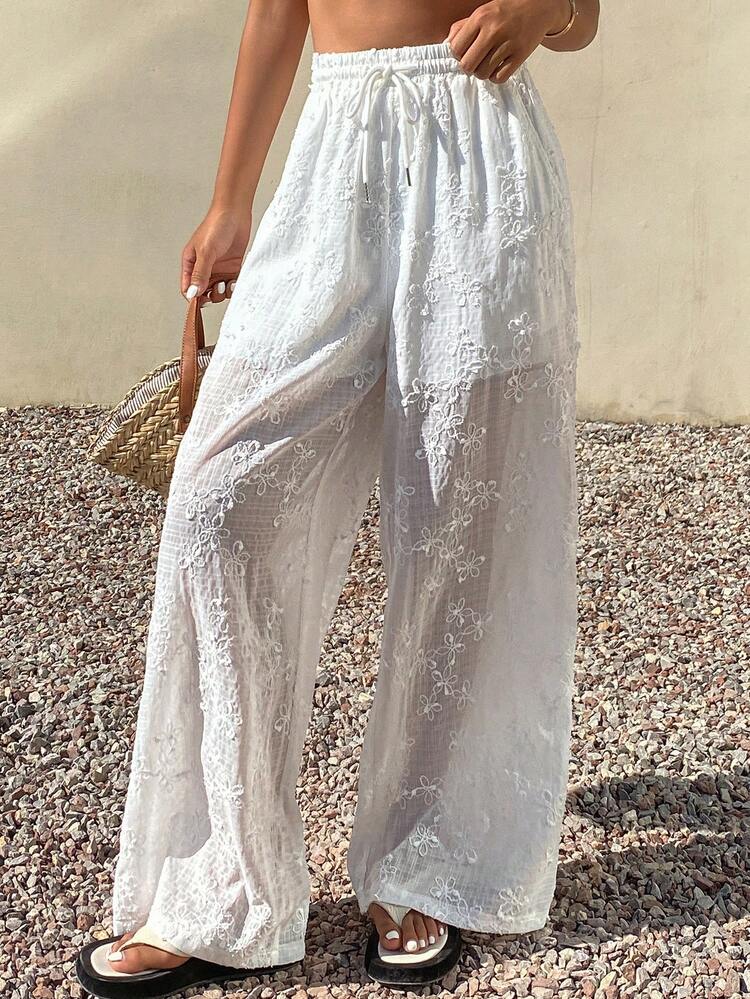 Solid Color Jacquard Textured Fabric Loose Wide Leg Pants, Elastic Waist Drawstring Casual Holiday Summer Trousers For Women