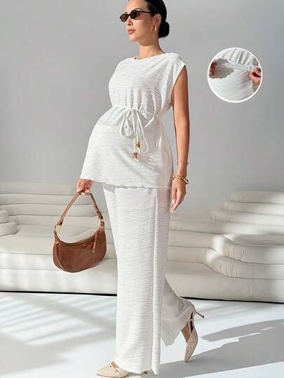 MaterniWear Conjunto elegante de top con cuello redondo y twist de unicolor y pantalones de pierna ancha para maternidad