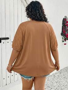 SHEIN CURVE+ Plus Size Women Top With Different Material Splicing,White T-Shirt - Khaki - View 2