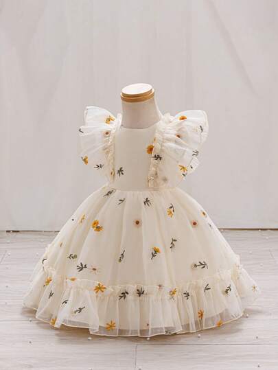 SHEIN Glamorique Kids Embroidered Princess Dress, Cap Sleeve Waist Fitted Formal Dress For Toddlers, All Seasons