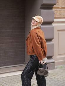 ORNATELLA 女士秋冬棕色短款修身优雅下摆和袖口条纹双排扣翻领双面羊毛大衣 - 卡其色 - 查看 7