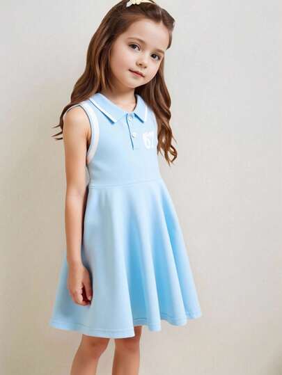 SHEIN Girls' Collared Fitted Sleeveless Dress, Polo Collar "67" Numeric Bow Decor Pleated Skirt, Casual Chic Elegant Suitable For Party, School, Sports, Summer Blue Dress