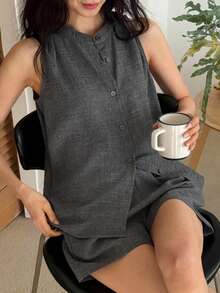 DAZY Bộ đồ ngủ nữ gồm áo khoác cardigan không tay và quần short, phong cách tối giản mùa hè. - Xám - Xem 5