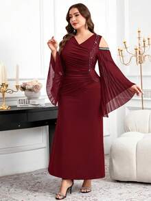 Reflora Vestido de manga abullonada con volantes y cuentas de perlas falsas, elegante y de talla grande, para otoño - Burdeos - Ver 3