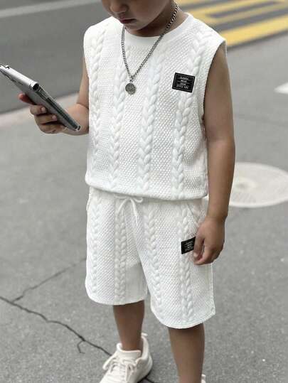 Young BoyJacquard Vest & Shorts Set, Black Graphic Front, Comfortable Knit Fabric, Casual Vacation & Commute Style