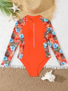 SHEIN 1 buah Baju Renang Terusan Lengan Panjang Bermotif untuk Anak Perempuan, Baju Renang Pelindung Ruam Warna Oranye untuk Remaja Musim Panas, Pantai, Liburan, Baju Renang Sopan dengan Cakupan Penuh Motif Bunga - MultiWarna - View 5