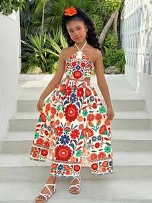 Tween Girl Tropical Print Cap Sleeve Bow Back A-Line Dress - Multicolor - View 1