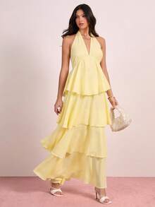 Enchnt V领露背系带荷叶边下摆度假风女装 - 黃色 - 查看 1