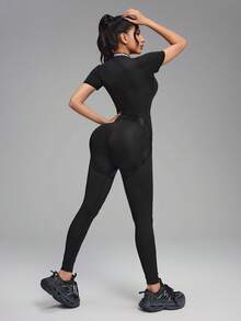Innovista 女士夏季字母印花拉链半拉链弹力紧身马术连体裤 - 黑色 - 查看 7