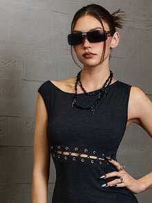 INAWLY Women's Asymmetric-Shoulder Tie Strap Dark Grey Mini Dress - Dark Grey - View 5