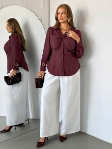 Auralis Burgundy Ruched Front Button Long Sleeve Shirt,Elegant Women's Blouse For Dinner,Autumn Office Lady Business Casual Tops,Plus Size Dark Red Blouse - Burgundy - View 5